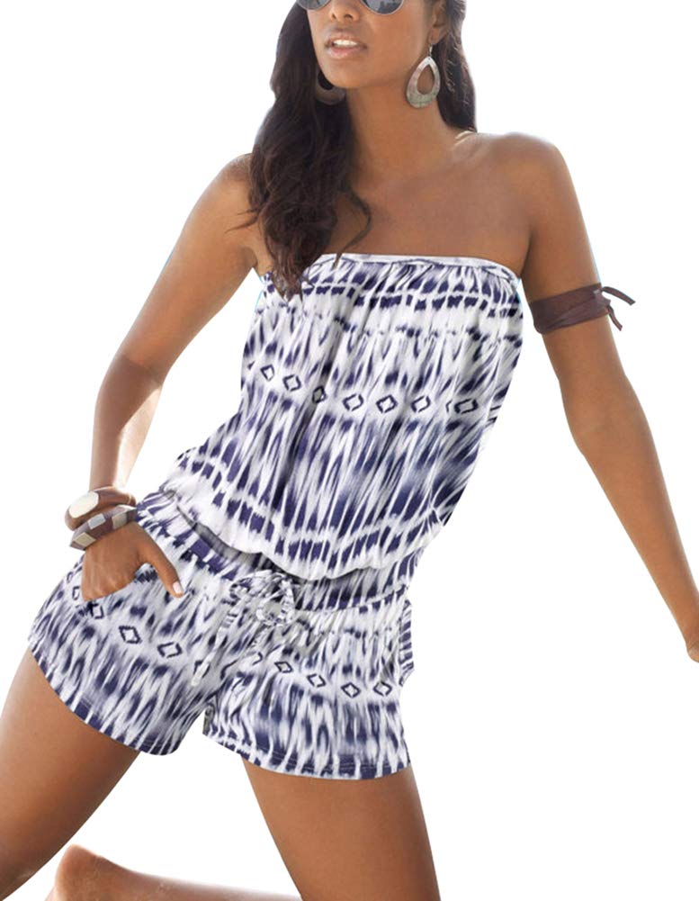Sumtory Women's Off Shoulder Jumpsuit Short Romper Summer Beachwear,Blue,Small - Image 2