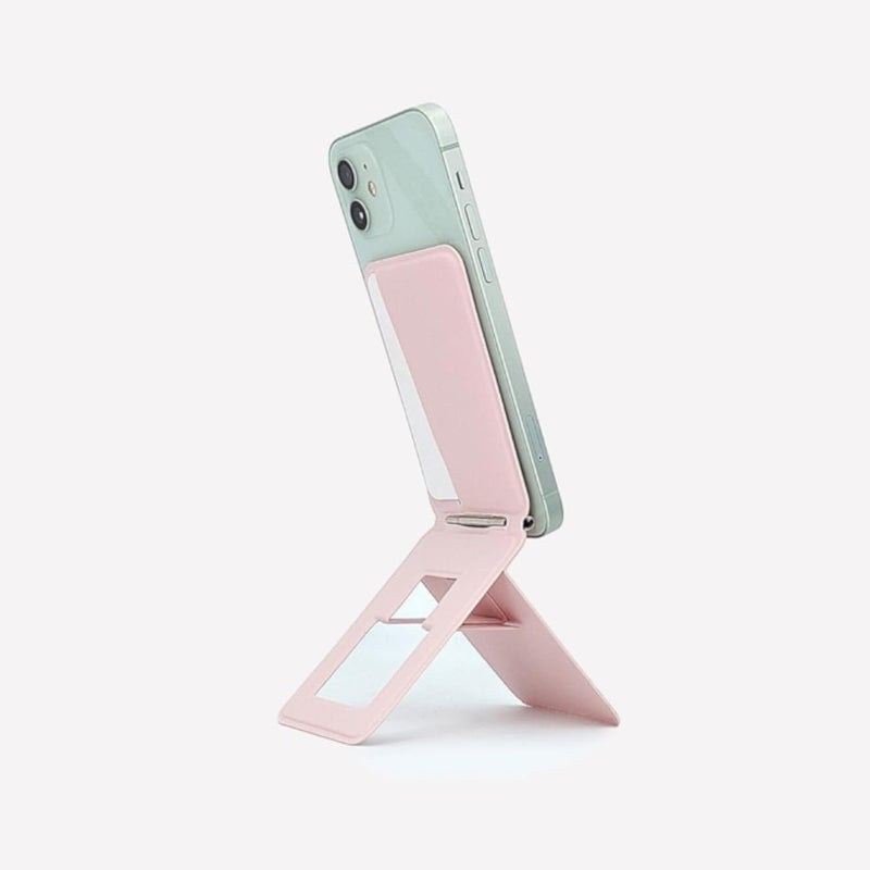 LENOK Tripod Wallet Stand, Magnetic and MagSafe-Compatible, Fold-Flat 3-in-1 Phone Stand and 1-2 Card Holder, Portrait, Landscape and Elevated Viewing (Pink)