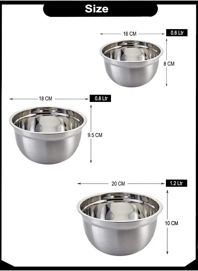 A TO Z 3-Piece Stainless Steel Mixing Bowl Set – 16 cm, 18 cm, 20 cm (0.6L to 1.2L) – Mirror Finish, Multi-Purpose for Cooking, Baking & Salad Prep  - Image 5