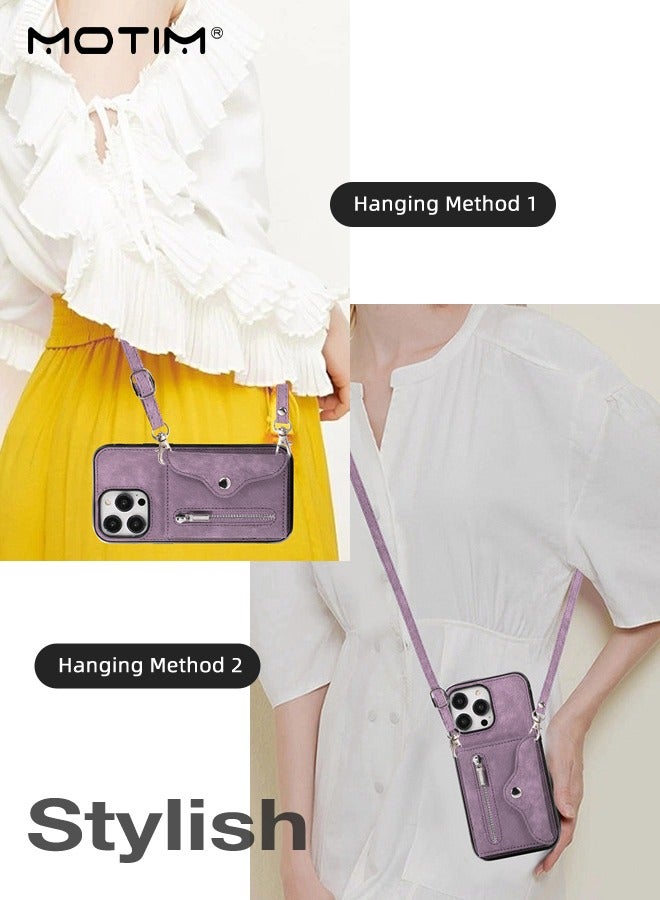 Motim iPhone 15 Pro Crossbody Case with Lanyard Strap, iPhone 15 Leather Case Cover with Wrist Band/ Kickstand /Credit Card Holder, Protective Wallet Leather Handbag, Purse Cover Phone Case for Women Girl  - Image 2
