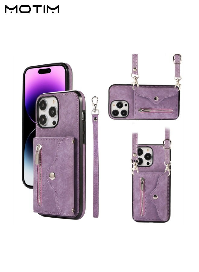 Motim iPhone 15 Pro Crossbody Case with Lanyard Strap, iPhone 15 Leather Case Cover with Wrist Band/ Kickstand /Credit Card Holder, Protective Wallet Leather Handbag, Purse Cover Phone Case for Women Girl  - Image 1