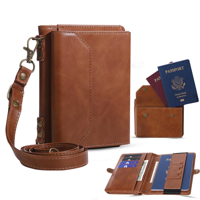 ASAPDOS RFID Blocking Family Passport Holder Wallet,Hold 2-3 Passports for Travel with Credit Card Slots & Wrist Crossbody Strap Brown - Image 1