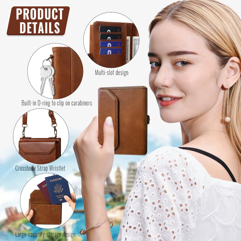 ASAPDOS RFID Blocking Family Passport Holder Wallet,Hold 2-3 Passports for Travel with Credit Card Slots & Wrist Crossbody Strap Brown - Image 3
