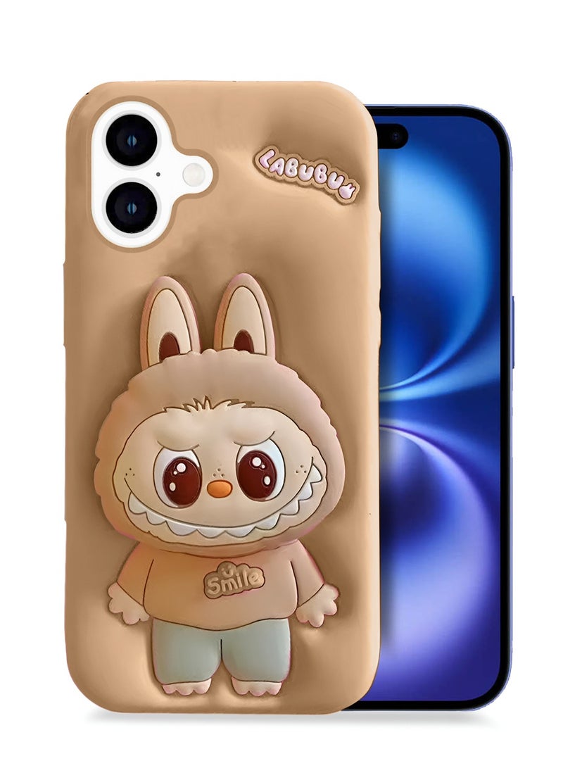 Wtech Apple iPhone 16 5G 2024 3D Labubu Cartoon Pop Case, Premium Soft Liquid Jelly Silicone Case with Phone Holder Cool Full Protective Cute Aesthetic Case Cover - Desert Titanium - Image 1