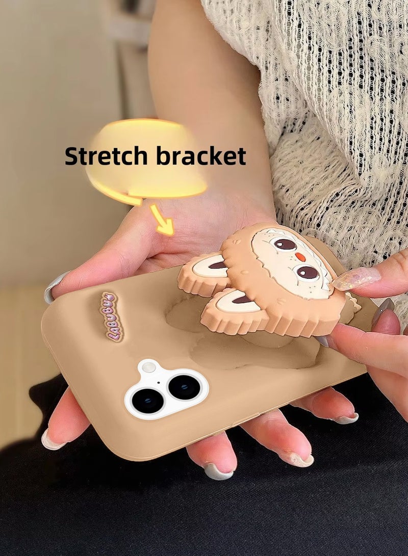 Wtech Apple iPhone 16 5G 2024 3D Labubu Cartoon Pop Case, Premium Soft Liquid Jelly Silicone Case with Phone Holder Cool Full Protective Cute Aesthetic Case Cover - Desert Titanium - Image 3