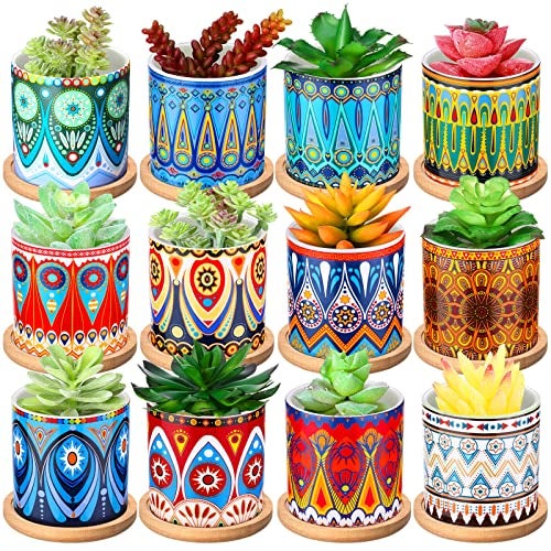 Zopeal 12 Pcs Mandala Ceramic Succulent Pots with Bamboo Trays, Colorful Boho Spring Decor Planters, Small Cactus Plant Pots for Desk Shelf Windowsill, Fiesta Home Decor - Image 1