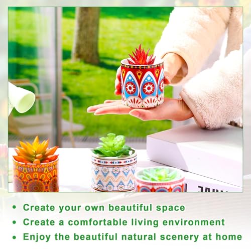 Zopeal 12 Pcs Mandala Ceramic Succulent Pots with Bamboo Trays, Colorful Boho Spring Decor Planters, Small Cactus Plant Pots for Desk Shelf Windowsill, Fiesta Home Decor - Image 4