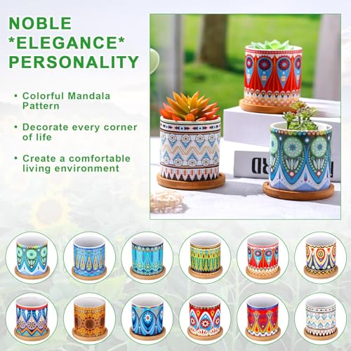 Zopeal 12 Pcs Mandala Ceramic Succulent Pots with Bamboo Trays, Colorful Boho Spring Decor Planters, Small Cactus Plant Pots for Desk Shelf Windowsill, Fiesta Home Decor - Image 3