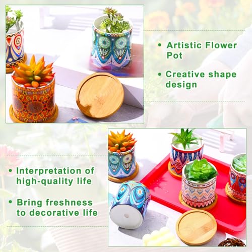 Zopeal 12 Pcs Mandala Ceramic Succulent Pots with Bamboo Trays, Colorful Boho Spring Decor Planters, Small Cactus Plant Pots for Desk Shelf Windowsill, Fiesta Home Decor - Image 5