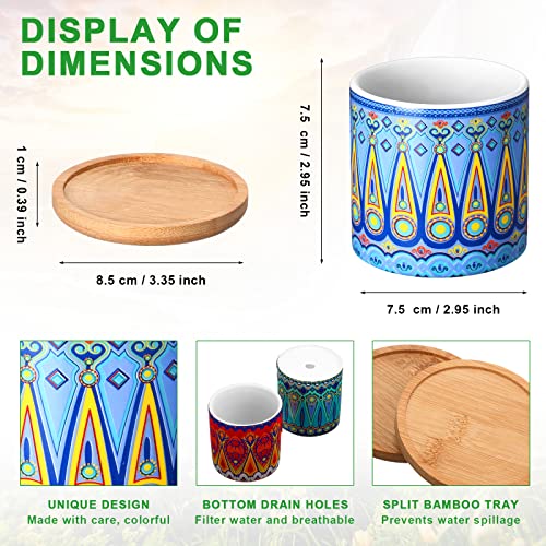 Zopeal 12 Pcs Mandala Ceramic Succulent Pots with Bamboo Trays, Colorful Boho Spring Decor Planters, Small Cactus Plant Pots for Desk Shelf Windowsill, Fiesta Home Decor - Image 2