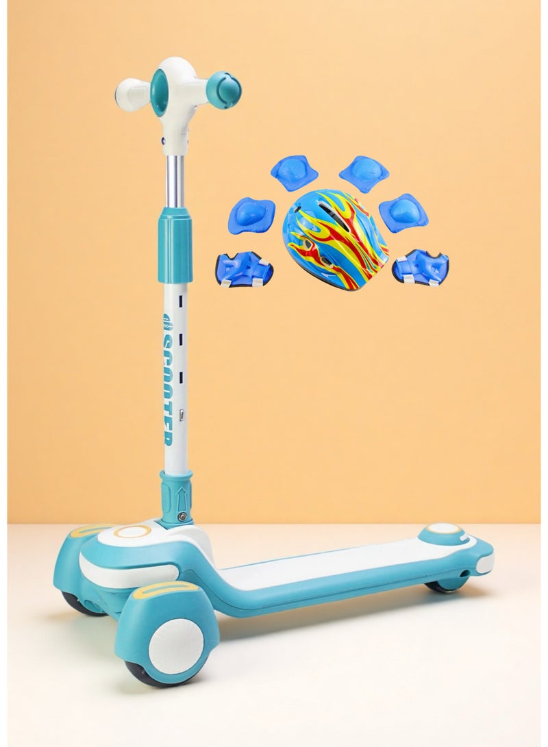إيزي فيتشور سكوتر ركل قابل للطي من EASY FUTURE للأطفال من سن 3 إلى 8 سنوات: مقبض قابل لضبط الارتفاع، عجلات LED، فرامل خلفية وموسيقى ممتعة، بما في ذلك مجموعة كاملة من معدات الحماية - Image 1