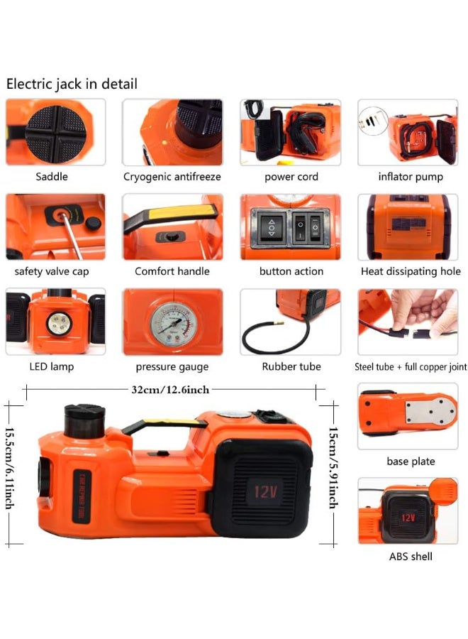 طقم رافعة سيارة كهربائية 12 فولت تيار مستمر 5 أطنان 3 في 1، رافعة أرضية هيدروليكية مع مضخة نفخ إطارات، مصباح يدوي LED ومفتاح ربط كهربائي لتغيير إطارات السيارات وسيارات الدفع الرباعي والشاحنات - Image 4