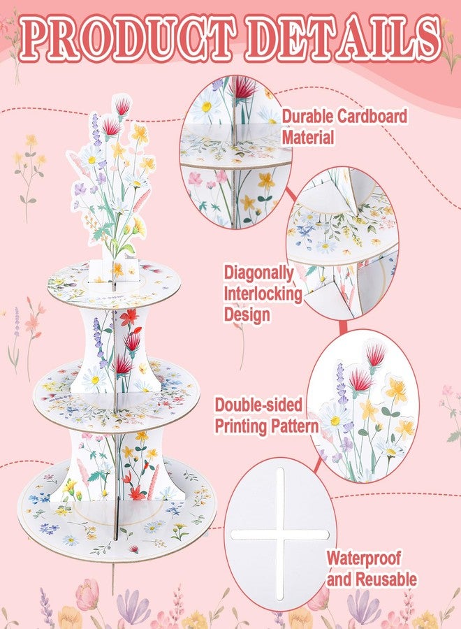 Willinglong 1 Piece Wildflowers Cupcake Stand Party Decorations 3 Tier Floral Cardboard Cupcake Tower Flower Theme Cake Holder for Baby Shower Birthday Supplies - Image 3
