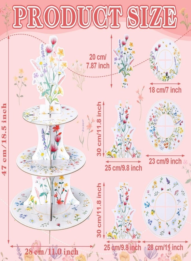 Willinglong 1 Piece Wildflowers Cupcake Stand Party Decorations 3 Tier Floral Cardboard Cupcake Tower Flower Theme Cake Holder for Baby Shower Birthday Supplies - Image 2