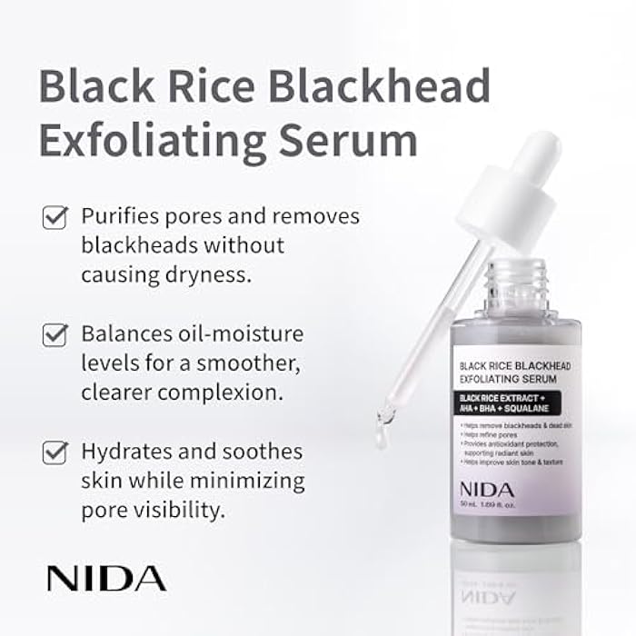 NIDA سيروم تقشير الرؤوس السوداء من نيدا الأرز الأسود | 1.69 أونصة سائلة، 50 مل | مقشر وجه يومي ناعم لإزالة خلايا الجلد الميتة لجميع أنواع البشرة للعناية بالبشرة الكورية - Image 3