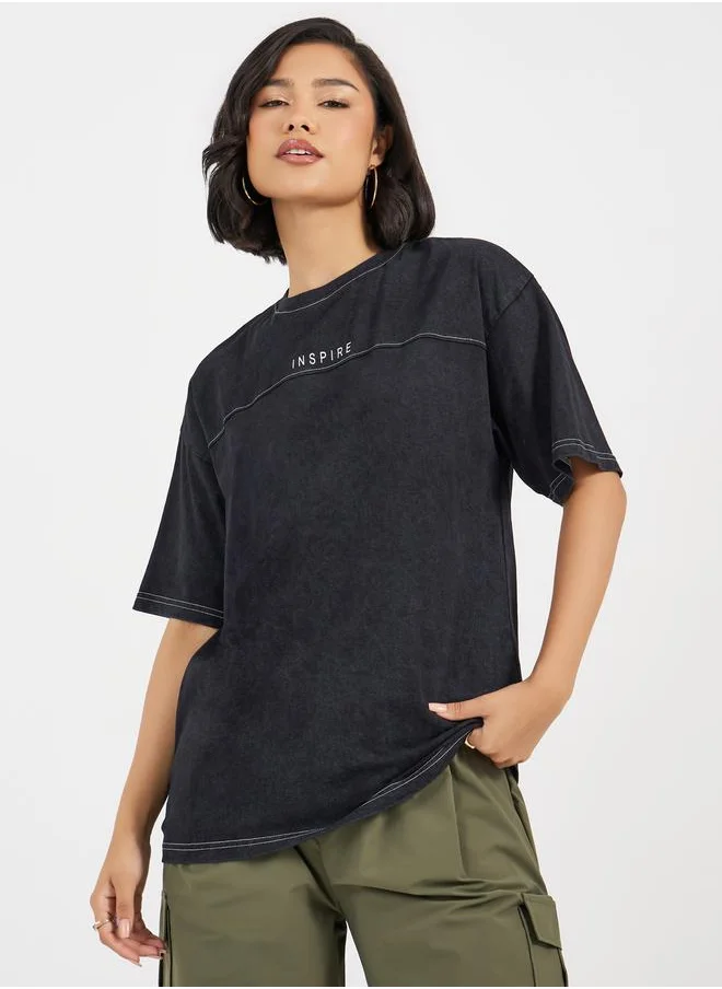 Styli Oversized T-Shirt With Print and Acid Wash In Single Jersey Fabric