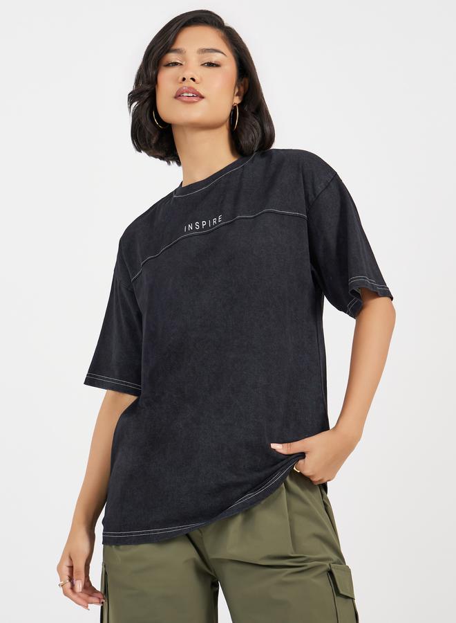Styli Oversized T-Shirt With Print and Acid Wash In Single Jersey Fabric  - Image 1