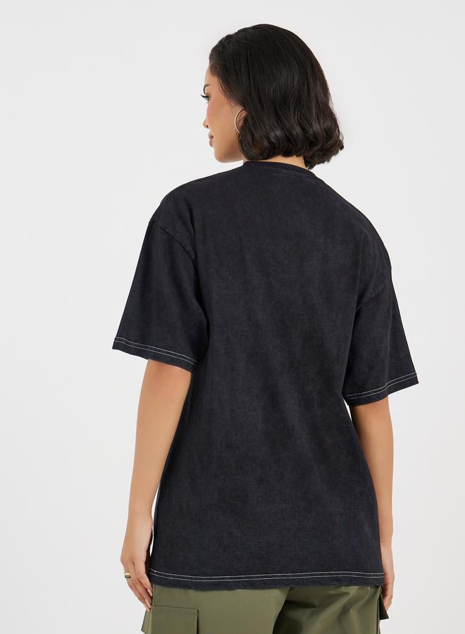 Styli Oversized T-Shirt With Print and Acid Wash In Single Jersey Fabric  - Image 5