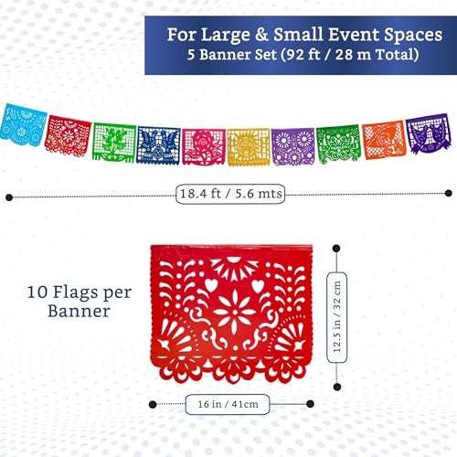 FIESTA WRAPS Mexican Party Banners (5 Pack with 10 Plastic Flags per Banner) - Papel Picado Mexicano para Fiesta - Plastic Papel Picado - Fiesta Themed Party Decorations - Mexican Decor - Image 2
