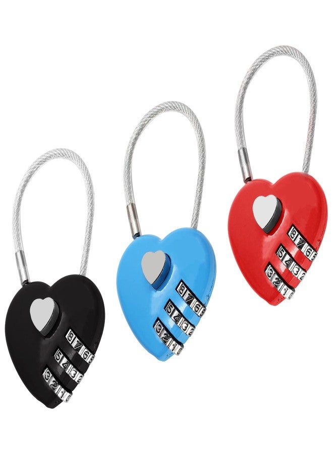 Cionyce 3 Pack Mini Padlock Heart Code Lock 3-Digit Combination Locker for Boxes/Suitcase/Travel Bags(Red/Blue/Black) - Image 1