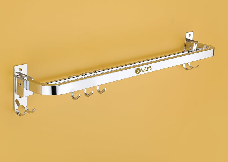 iSTAR Stainless Steel 304 Grade Foldable Towel Hanger for Bathroom/Towel Rod/Bar/Bathroom Accessories(24inch-Chrome) - Pack of 1 (Round) - Image 1