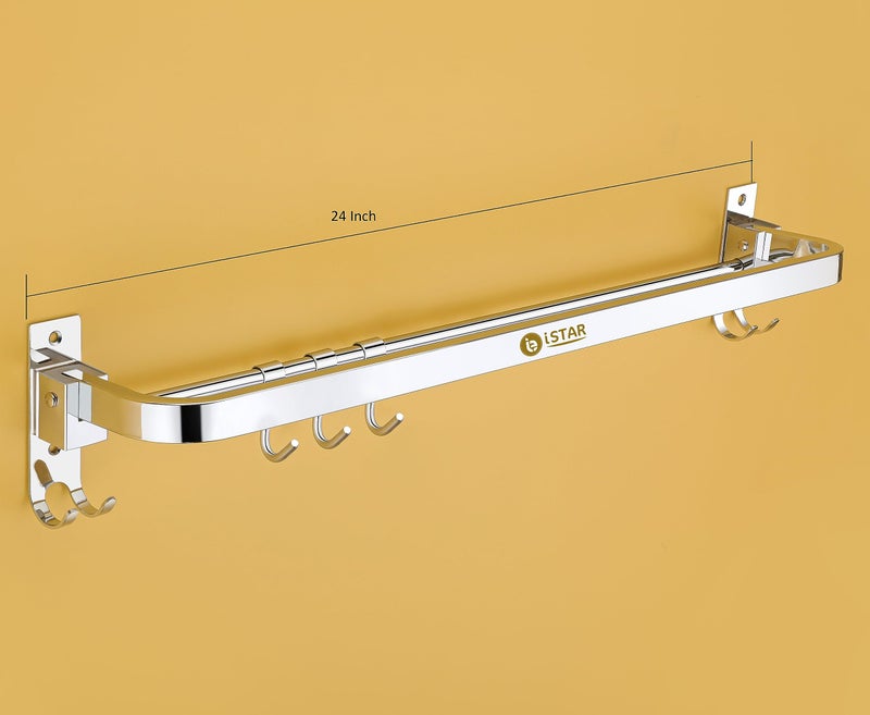 iSTAR Stainless Steel 304 Grade Foldable Towel Hanger for Bathroom/Towel Rod/Bar/Bathroom Accessories(24inch-Chrome) - Pack of 1 (Round) - Image 4