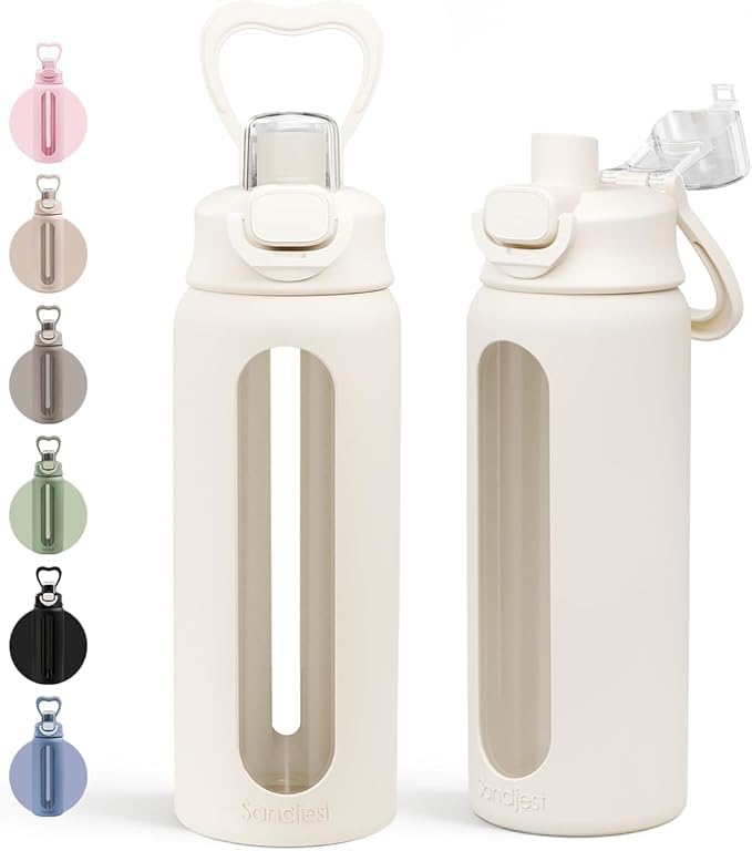 Sandjest Glass Water Bottle With Silicone Sleeve 24Oz With Lid  Motivational Time Marker  Drinking Hydration Glass Bottles For Men Women  Gym Travel Sports (Cream) - Image 1