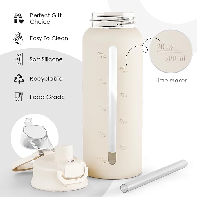 Sandjest Glass Water Bottle With Silicone Sleeve 24Oz With Lid  Motivational Time Marker  Drinking Hydration Glass Bottles For Men Women  Gym Travel Sports (Cream) - Image 3