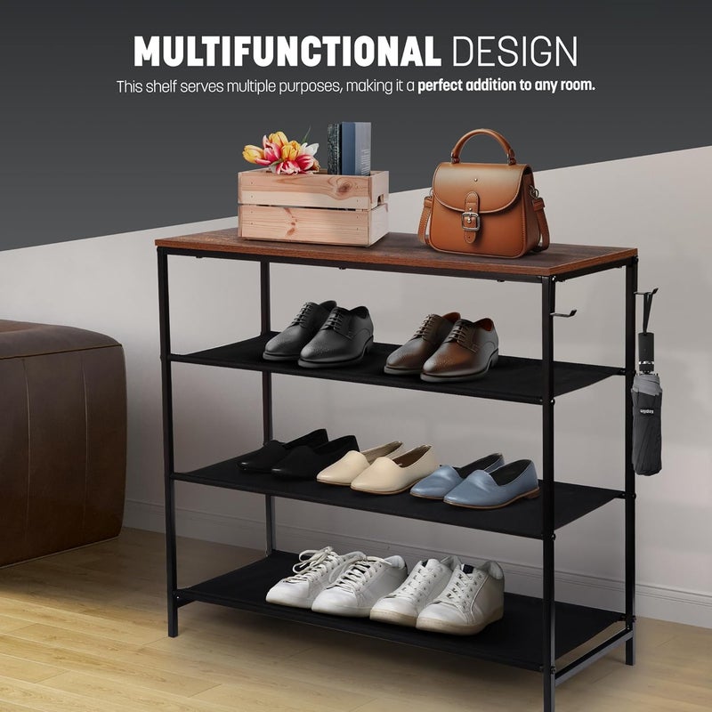 KEPLIN حامل أحذية KEPLIN 4 طبقات مع رف - منظم مدخل أنيق، سهل التجميع، تصميم قوي ومتين من الحديد والخشب - حل تخزين للمنزل، الممر، الحمام وغرفة النوم (63×59×30 سم) - بني ريفي - Image 5