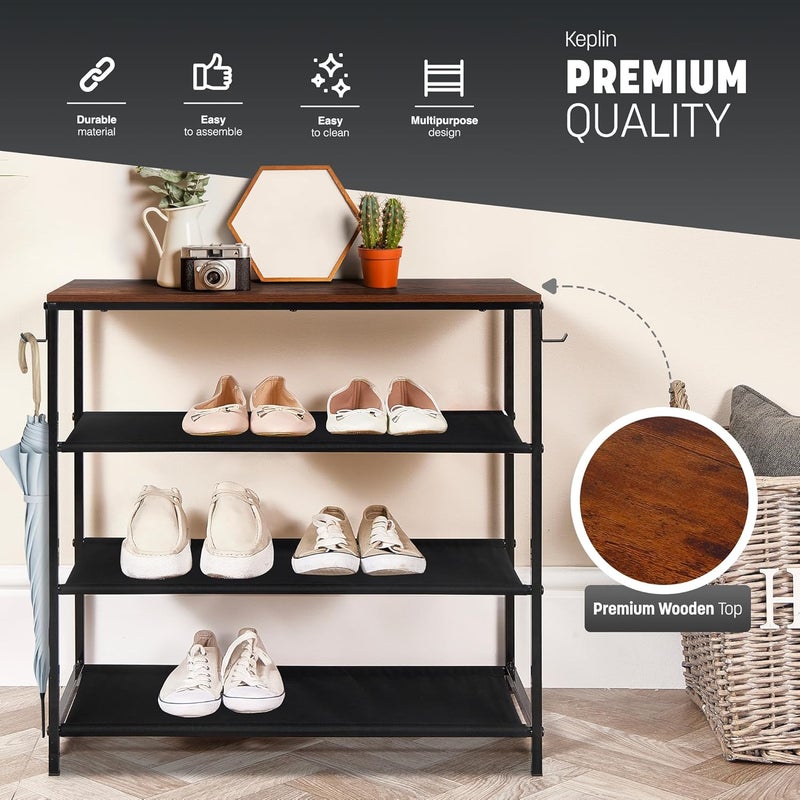 KEPLIN حامل أحذية KEPLIN 4 طبقات مع رف - منظم مدخل أنيق، سهل التجميع، تصميم قوي ومتين من الحديد والخشب - حل تخزين للمنزل، الممر، الحمام وغرفة النوم (63×59×30 سم) - بني ريفي - Image 3