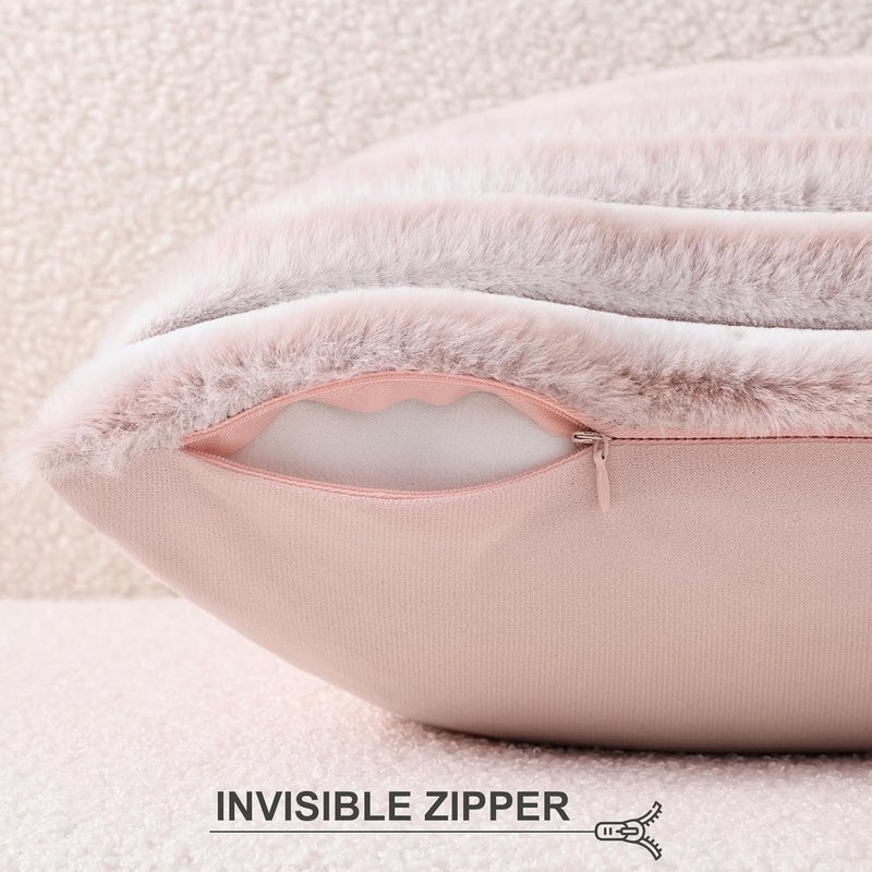 Pallene Faux Fur Plush Throw Pillow Covers 24x24 Set of 2, Luxury Soft Fluffy Striped Decorative Pillow Covers for Sofa, Couch, Living Room, Ombre Pink - Image 3