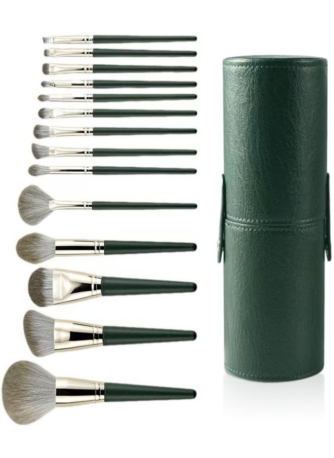 ZERTNROW ZERTNROW Makeup Brushes 14 Pcs Set with Leather Case,High Quality  Foundation Brush Wood Super Soft Bristles Handle Thickened Aluminum Tube- Beginners Powder Brush Eyeshadow Brush Lip Brush Concealer Brush Blush Foundation Blended eyebrow line spool Makeup Brushes(Green)  - Image 1