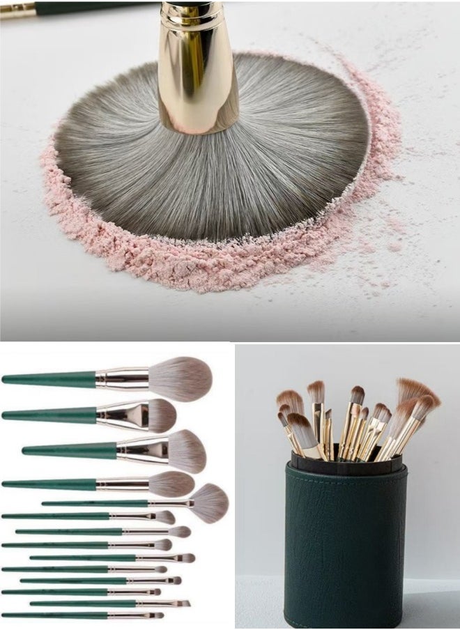 ZERTNROW ZERTNROW Makeup Brushes 14 Pcs Set with Leather Case,High Quality  Foundation Brush Wood Super Soft Bristles Handle Thickened Aluminum Tube- Beginners Powder Brush Eyeshadow Brush Lip Brush Concealer Brush Blush Foundation Blended eyebrow line spool Makeup Brushes(Green)  - Image 3