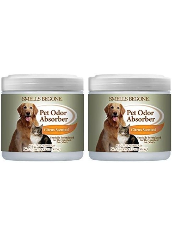 SMELLS BEGONE Air Freshener Pet Odor Absorber Gel - 15 oz, Pack of 2 - Absorbs and Eliminates Odor in Pet Areas, Bathrooms, Cars, & Boats - Made with Essential Oils - Citrus Scent