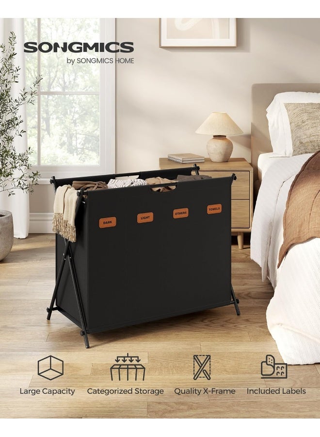 SONGMICS Laundry Hamper, Laundry Basket, 40.9 Gal. Laundry Sorter 4 Sections, Collapsible X-Frame, Clothes Organizer With Customizable Labels, Laundry Room, Bedroom, Bathroom, Ink Black - Image 2
