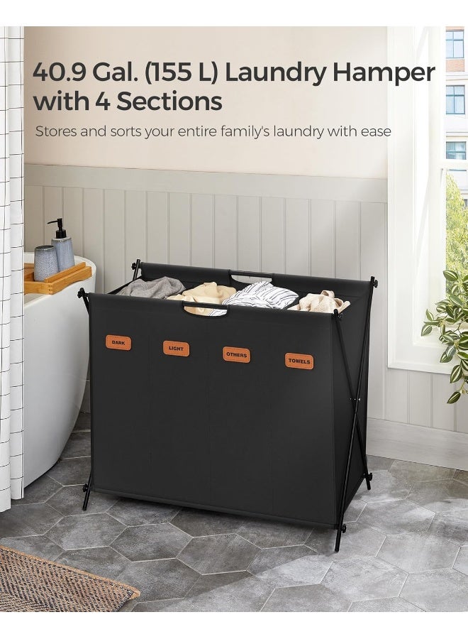 SONGMICS Laundry Hamper, Laundry Basket, 40.9 Gal. Laundry Sorter 4 Sections, Collapsible X-Frame, Clothes Organizer With Customizable Labels, Laundry Room, Bedroom, Bathroom, Ink Black - Image 3