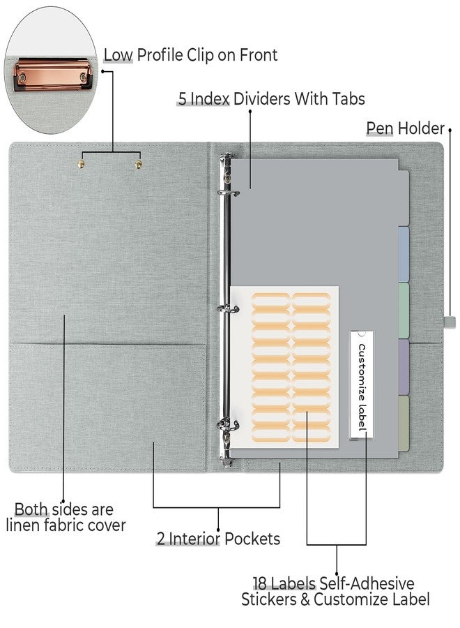EYROZILL 3 Ring Binder, 1 Inch Linen Binder Organizer for Letter Size (8.5" x 11") with 5 Tab Dividers, File Folder Labels and Low Profile Clipboards, School and Office Supplies- Grey Rose - Image 2