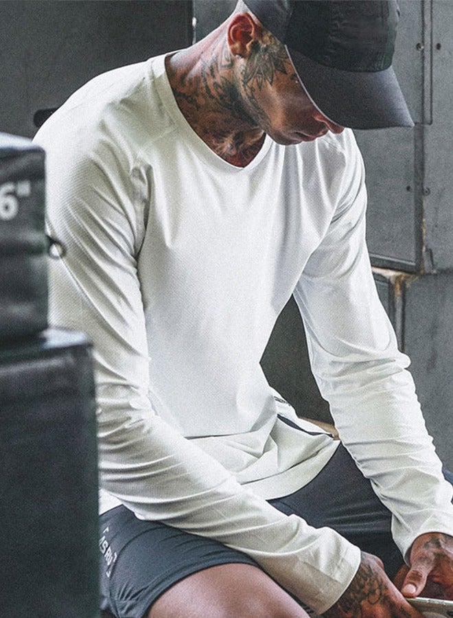 Men's Fitness Clothes  Shirt Loose Round Neck Solid Color Quick-Drying Breathable Long-Sleeve Sports Training Shirt for Men(L) - Image 2