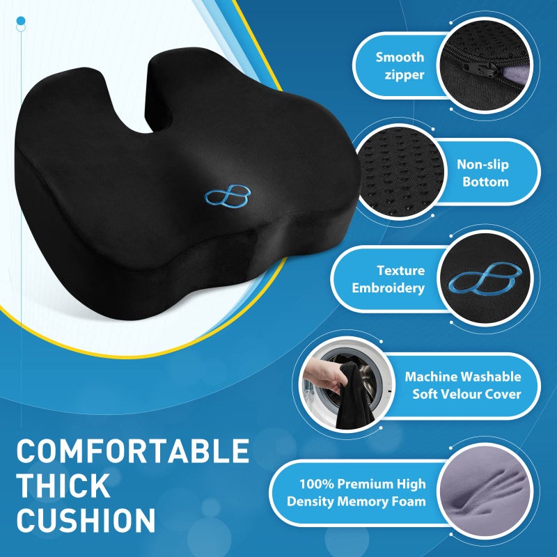 BlissTrends Seat Cushion,Thick Memory Foam Cushions for Office Chair, Car Seat, Airplane, Relieving Pressure Tailbone Sciatica Back Pain for Long Sitting Office Workers, Car Drivers 4.7in Thick Black - Image 3