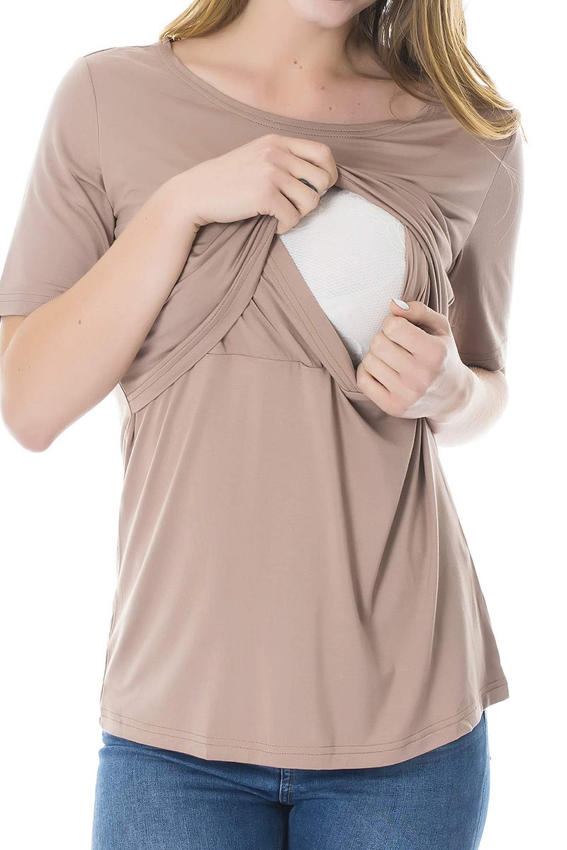 Smallshow 3 Pcs Maternity Nursing T-Shirt Modal Short Sleeve Nursing Tops Brown-Black-Grey,Large - Image 3