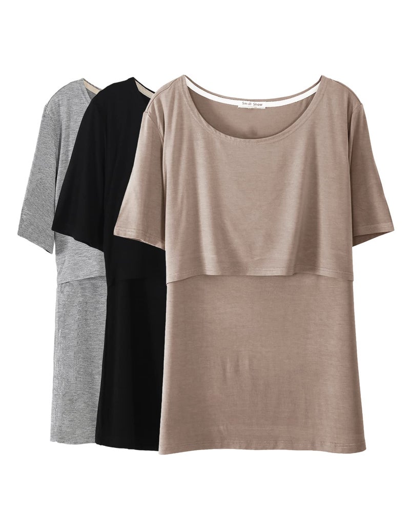 Smallshow 3 Pcs Maternity Nursing T-Shirt Modal Short Sleeve Nursing Tops Brown-Black-Grey,Large - Image 1