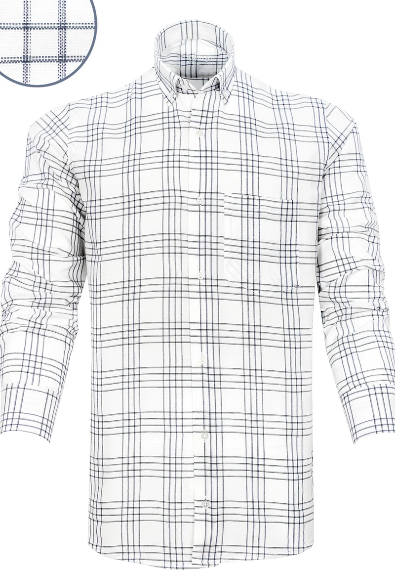 Varetta Men's White-Navy Blue Check Pattern Long Sleeve Button Down Collar Classic Cut Shirt