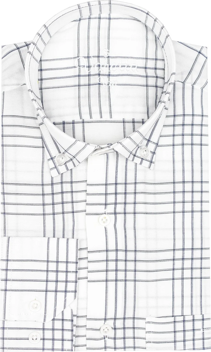 Varetta Men's White-Navy Blue Check Pattern Long Sleeve Button Down Collar Classic Cut Shirt