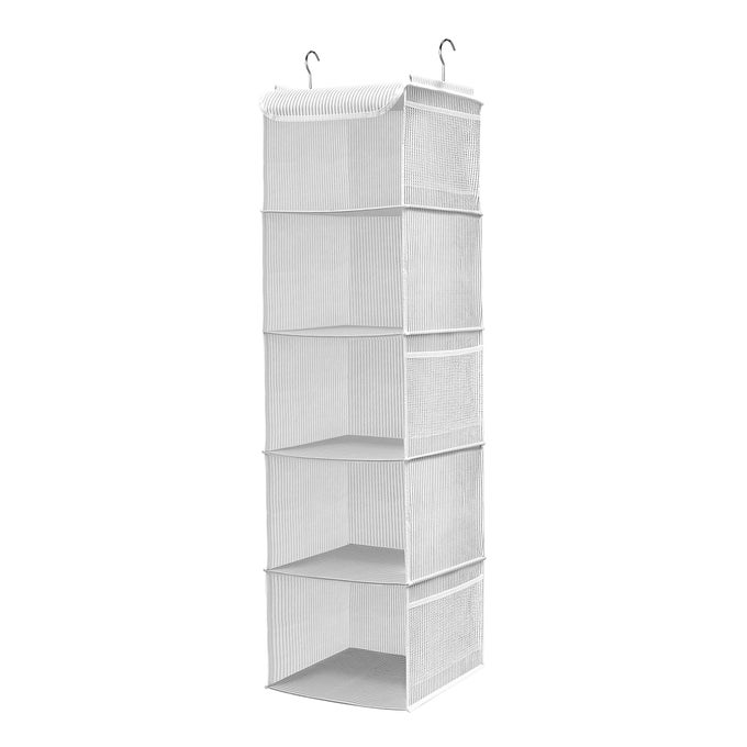 HANGING WARDROBE ORGANISER 5 SHELVES CLOSET STORAGE HANGING SHELVES WITH 6 SIDE POCKETS CLOTHES GREY STRIP30 X 30 X 108CM