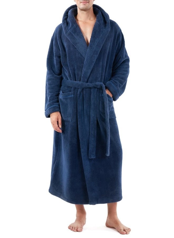 DAVID ARCHY Men's Hooded Robe Plush Coral Fleece Warm Cozy Long Bathrobe (L, Navy Blue) - Image 1