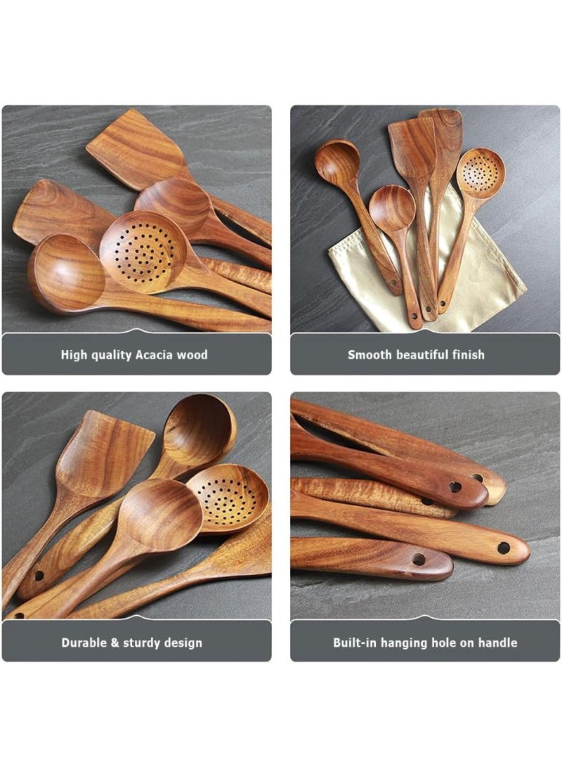 Bluejw Wood Kitchen Utensils Set, 5 PCs Natural Wooden Spoons For Cooking for Non-stick Skillet, Utensil set For Cooking With Soup Ladle and Wok Spatulas, Salad fork, Spurtles for Cooking - Image 2