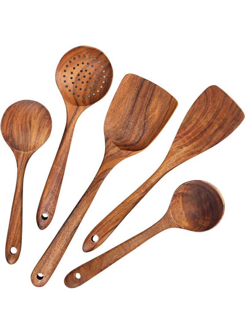 Bluejw Wood Kitchen Utensils Set, 5 PCs Natural Wooden Spoons For Cooking for Non-stick Skillet, Utensil set For Cooking With Soup Ladle and Wok Spatulas, Salad fork, Spurtles for Cooking - Image 1
