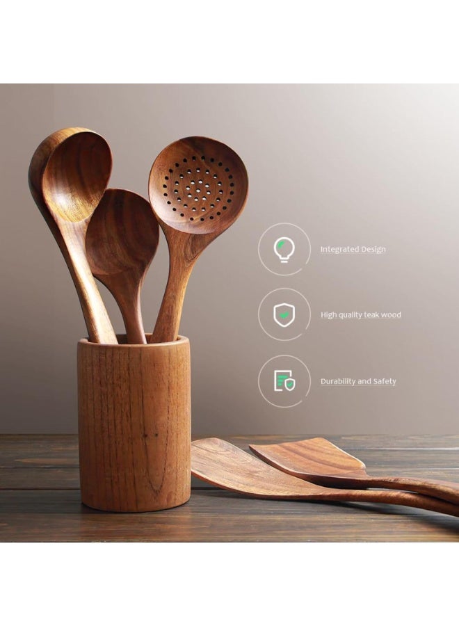 Bluejw Wood Kitchen Utensils Set, 5 PCs Natural Wooden Spoons For Cooking for Non-stick Skillet, Utensil set For Cooking With Soup Ladle and Wok Spatulas, Salad fork, Spurtles for Cooking - Image 3