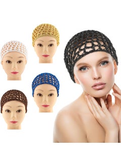 Framendino Framendino, 5 Pack Mesh Crochet Hair Net Rayon Knit Snoods Hat Thick Hairnet Cover Ornament for Night Sleeping Accessories (Blue & Black Khaki Coffee White) 