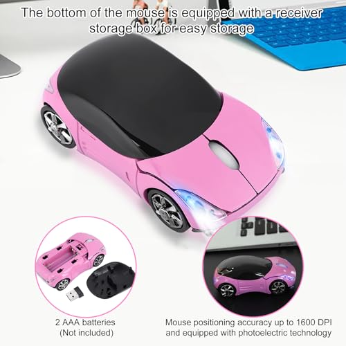 ASHATA 2.4G Car Mouse with USB Reciver 1600DPI Optical Mouse for PC Computer Laptop Tablet, High Cute Mouse for XP//Win7/ME/2000/for OS (Pink) - Image 5